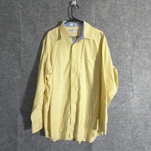 Paul Fredrick Shirt Men's 17 1/2-36 Yellow Blue Striped Non-Iron Two-Ply Cotton